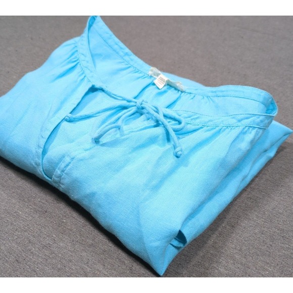 Eileen Fisher Tops - Eileen Fisher Irish Linen Tunic Blue Split Top Neck Tie 3/4 Sleeve Womens PM